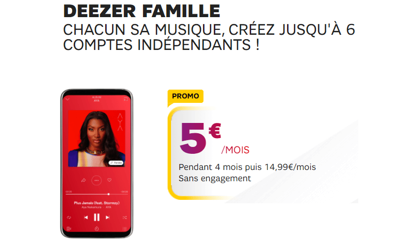 Deezer famille : L’abonnement en promo à 5 € / mois sur la boutique SFR